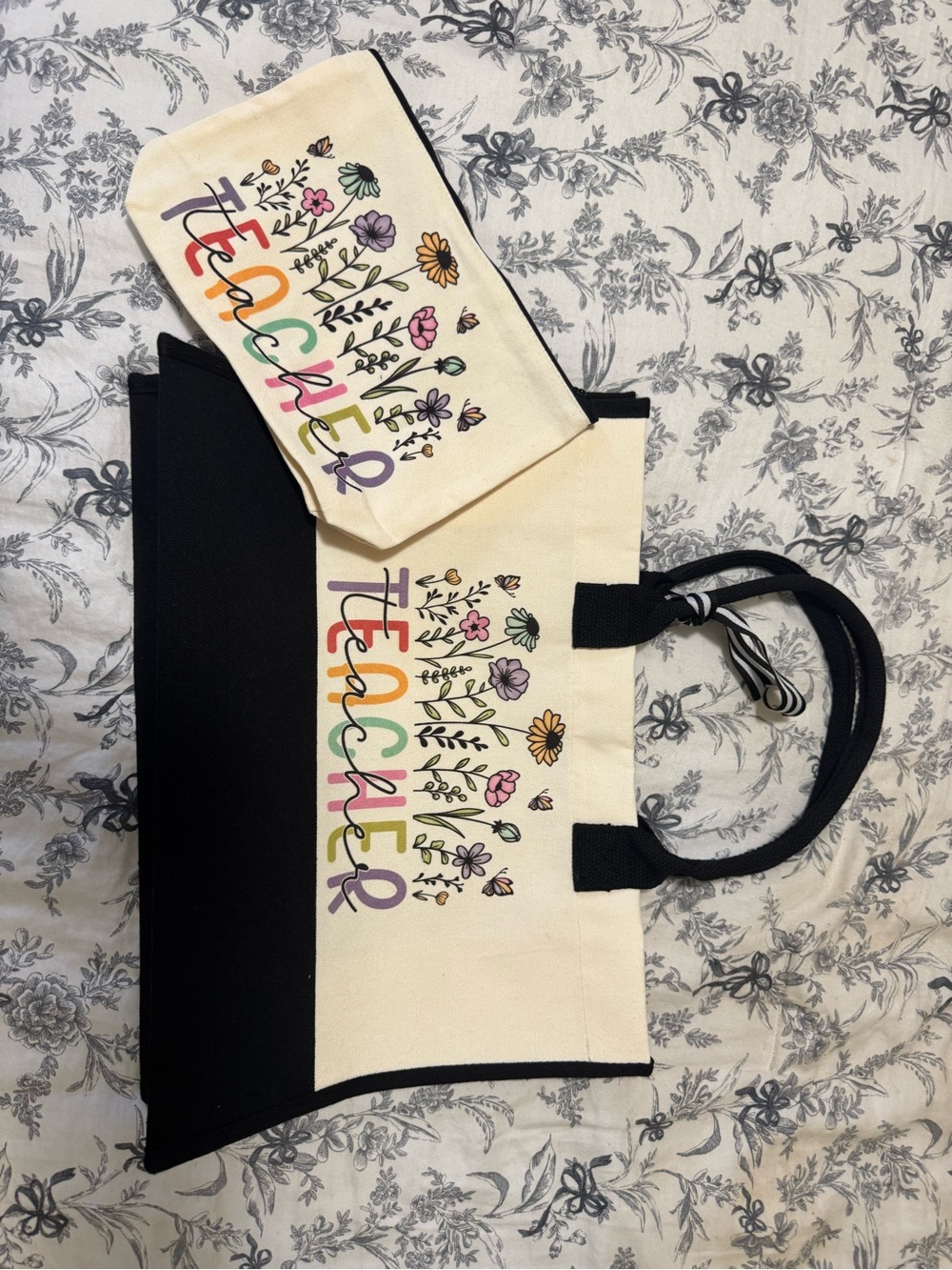 Teacher Canvas Tote Bag with Matching Pouch - Cream and Black